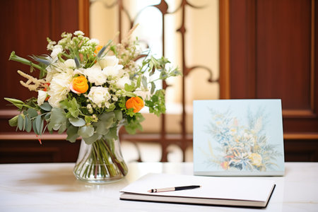 close-up of a guestbook with a pen and a vase of flowersの素材