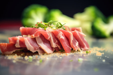 macro shot of sliced beef and broccoli florets with steamの素材