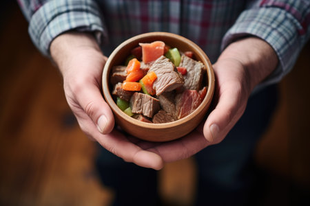 hands cradling bowl filled with beef stew, rustic wooden tableの素材
