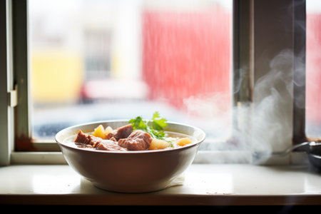 steam rising from beef stew in bowl on window sill, daylightの素材