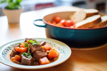 bowl of beef stew, a loaf of sourdough bread beside itの素材