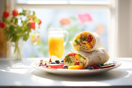 burrito with fruit salad side, bright morning lightの素材