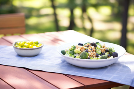 picnic table with broccoli raisin salad in a serving bowl outdoorsの素材