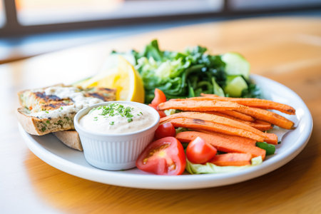 garlic cashew aioli spread on veggie burger, side of friesの素材