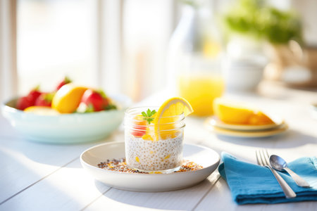 lemon chia pudding with lemon zest on a sunny tableの素材