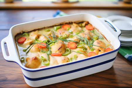 chicken and dumplings taken out of the oven in a casserole dishの素材