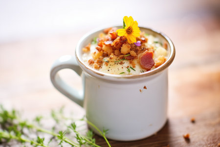 clam chowder with bacon bits and thyme, in a mugの素材