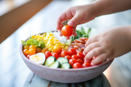 childs hand reaching for a cherry tomato in a cobb saladの素材