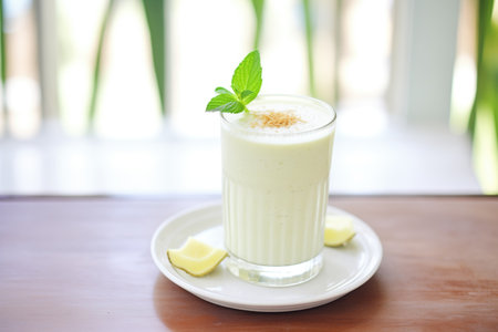 a frosty glass of coconut water smoothie adorned with a mint leafの素材