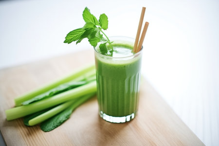 green juice with celery sticks, soft shadow, clear tabletopの素材