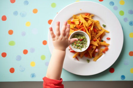 childs hand reaching for veggie chips on plateの素材