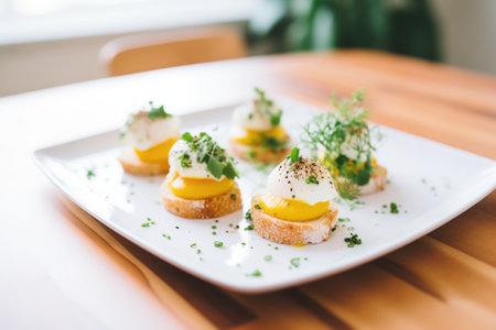 freshly poached eggs atop muffins, pre-sauce for a deconstructed lookの素材