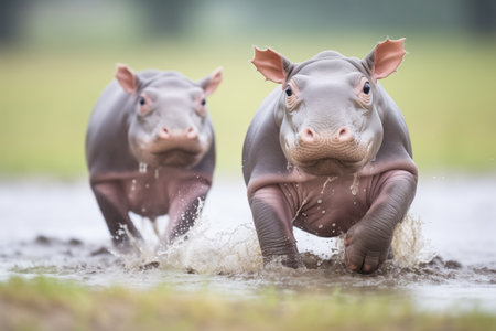 hippo calves frolicking, splashing water aroundの素材