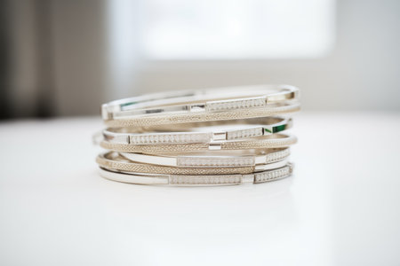 stack of silver bracelets reflecting lightの素材
