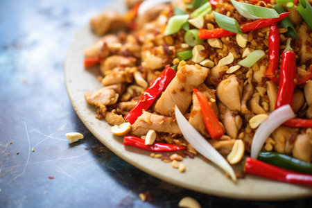 close-up of diced chicken, peanuts & chili peppersの素材