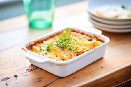 baked lasagna with crispy edges in a ceramic dishの素材