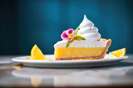slice of pie with perfect meringue peaks, lemon garnishの素材
