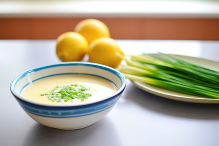 bowl of bisque with side of lemon and chivesの素材