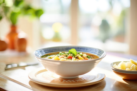 bowl of minestrone soup, natural daylightの素材