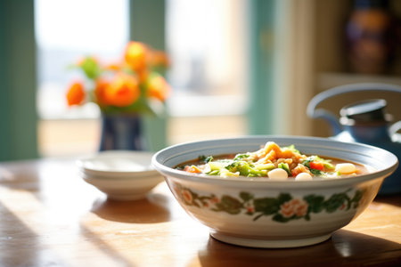 bowl of minestrone soup, natural daylightの素材