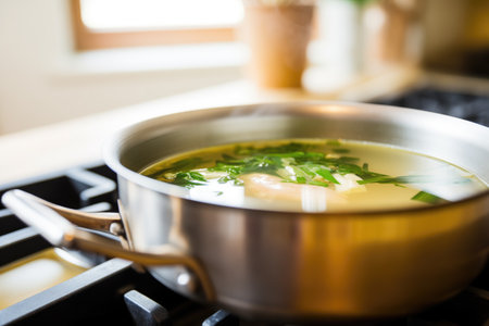large pot simmering miso soup for restaurant serviceの素材