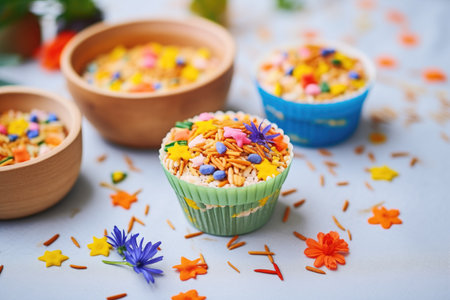 kids decorated muffins with colorful sprinklesの素材