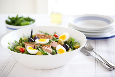 nicoise salad in a white bowl, cutlery beside, simple cloth backdropの素材