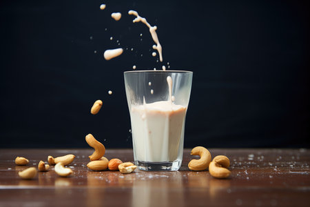 cashew milk splash around glass with cashews on tableの素材