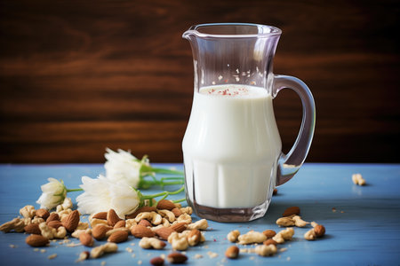 glass pitcher of mixed nut milk surrounded by nutsの素材