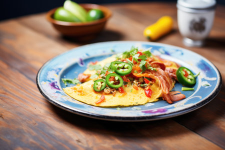 omelette with chorizo, jalapenos, rustic tableの素材