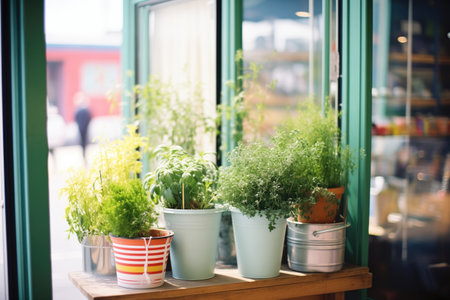 fresh herbs in pots near sunny store windowの素材