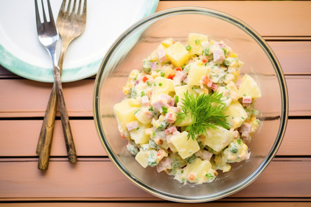 top view of potato salad in glass bowl with serving spoonの素材