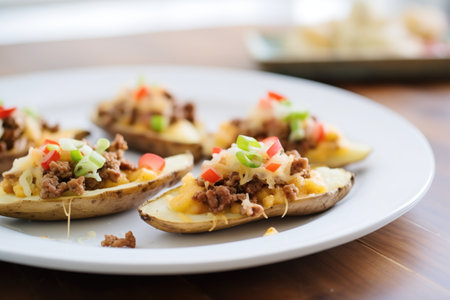 cheeseburger-inspired potato skins with minced meat toppingの素材
