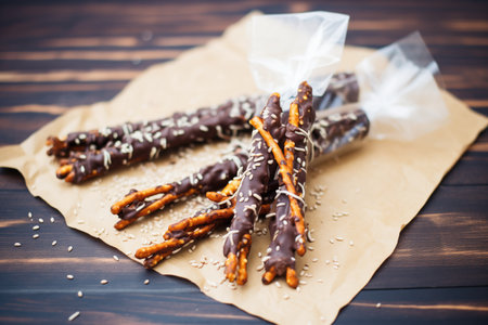 chocolate-dipped pretzels on wax paperの素材
