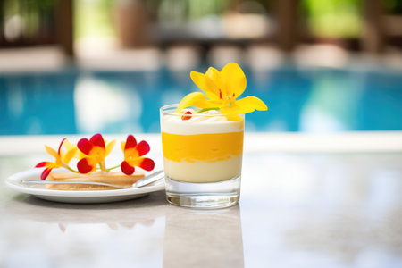 mango pudding, tropical flower garnish, poolside tableの素材