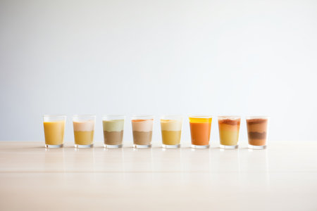 row of pudding cups, gradient from light to dark flavorsの素材