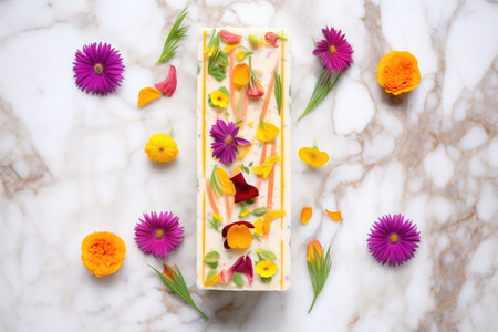 overhead shot of rectangle raw vegan cheesecake on marble with a floral garnishの素材