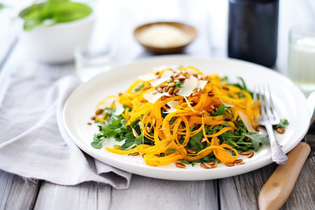 spiralized butternut salad with toasted almonds, parmesan flakesの素材