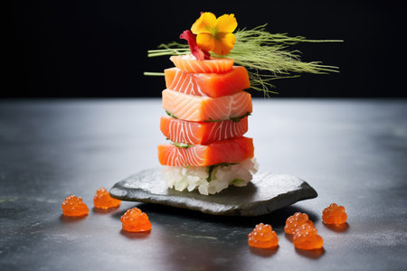 salmon sashimi tower on a slate with dill sprigs, eleganceの素材