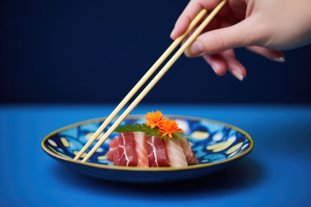hand holding sashimi piece with chopsticks against blue plateの素材