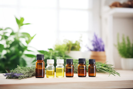 close-up of essential oil bottles and herbs on a shelfの素材