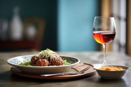spaghetti and meatballs with grated parmesan, glass of red wine asideの素材