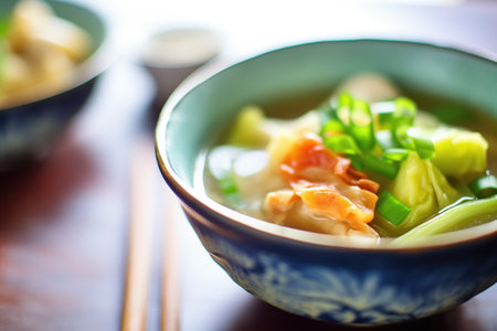 side view of wonton soup with focus on wontonsの素材