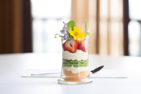 layered parfait in glass, strawberries on top, mint leaf garnishの素材