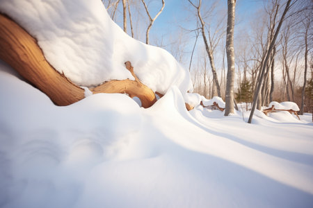 snowdrifts sculpted by wind along a forested trailの素材