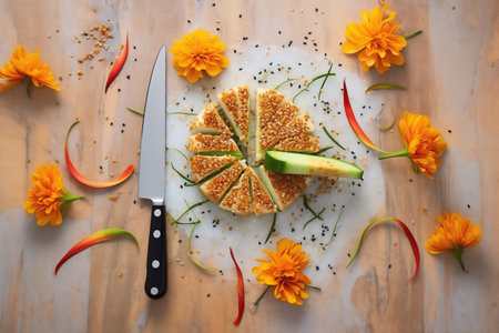 overhead shot of avocado toast with sesame seeds and a knifeの素材