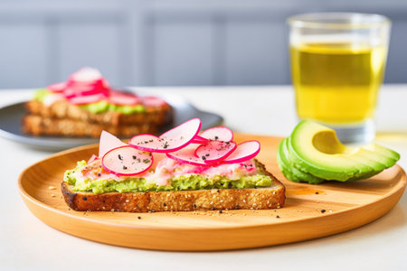 toast with mashed avocado and radish slices, side of lime wedgeの素材