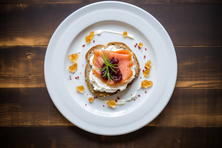top view of a bagel with cream cheese and jamの素材