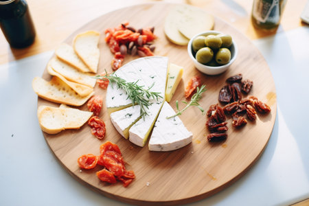 camembert on a cheese board with olives and sun-dried tomatoesの素材