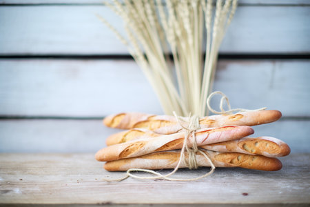 baguettes tied with twine on a wooden boardの素材